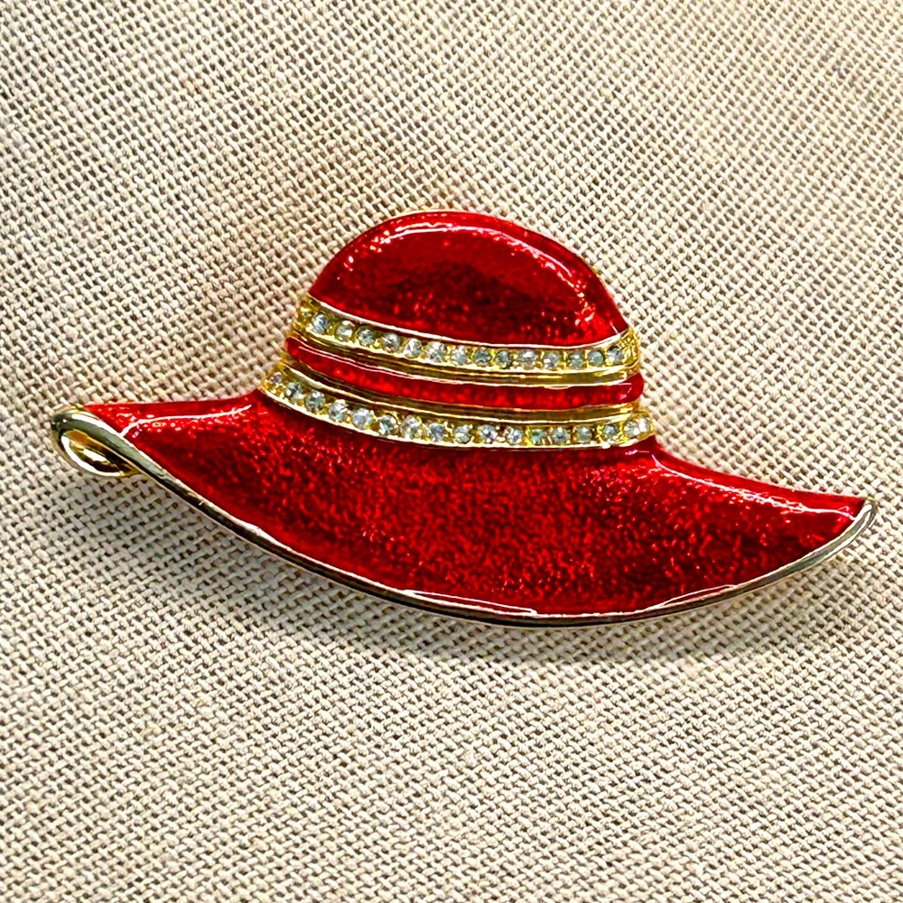 Red Enamel Hat Costume Jewelry Brooch With Rhinestones